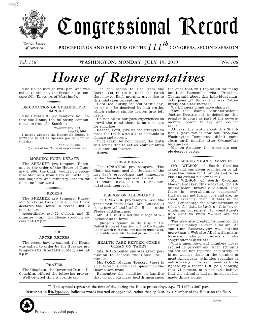 Congressional Record United States Th of America PROCEEDINGS and DEBATES of the 111 CONGRESS, SECOND SESSION