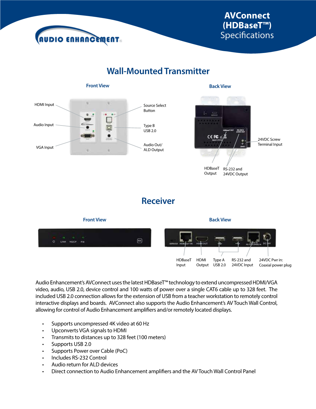 Avconnect (Hdbaset™) Specifications Wall-Mounted Transmitter Receiver