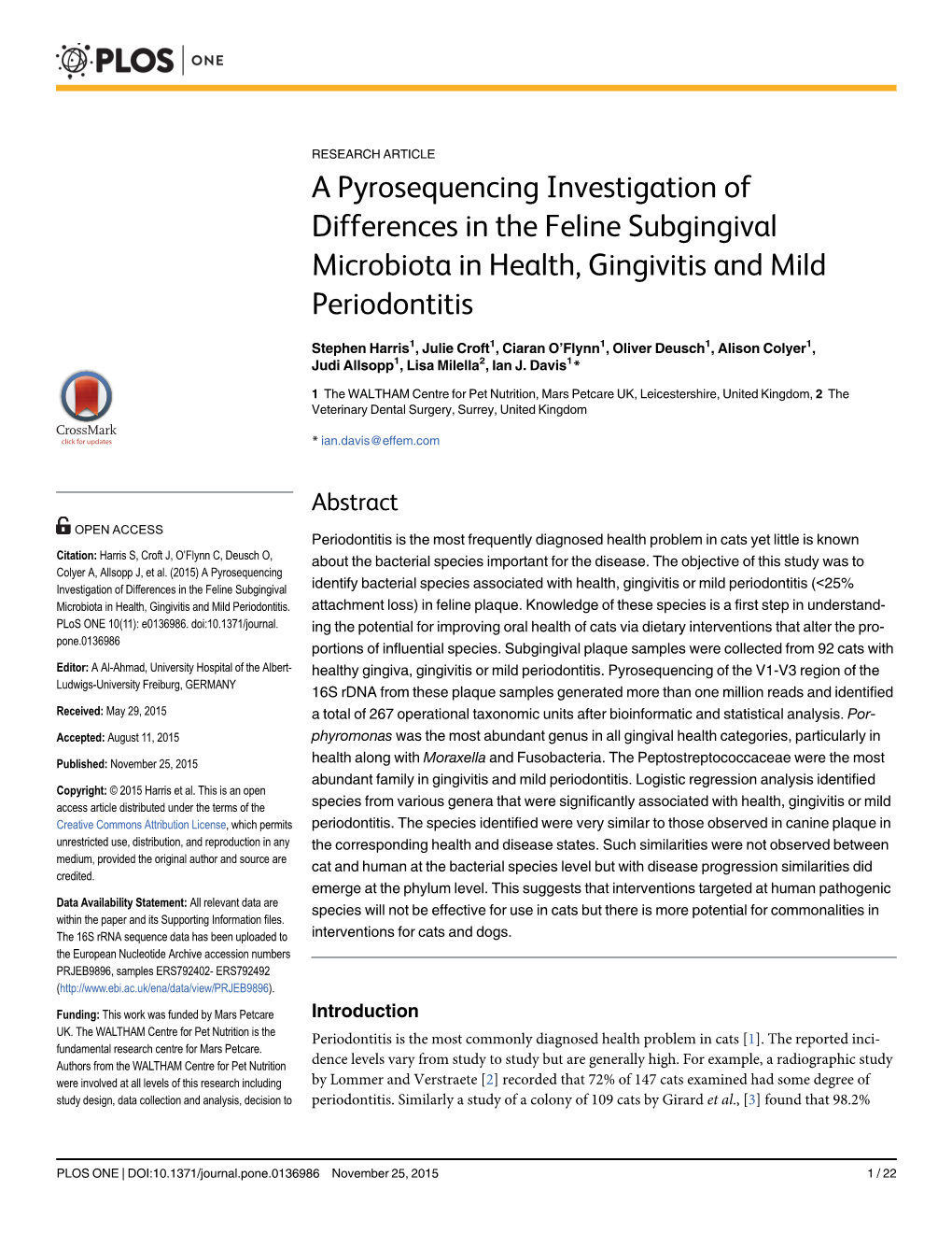 A Pyrosequencing Investigation of Differences in the Feline Subgingival Microbiota in Health, Gingivitis and Mild Periodontitis