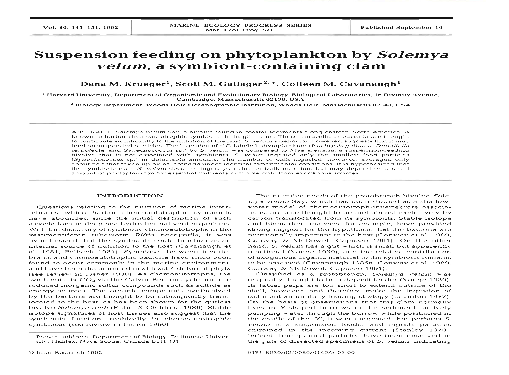 Suspension Feeding on Phytoplankton by Solemya Velum, a Symbiont-Containing Clam