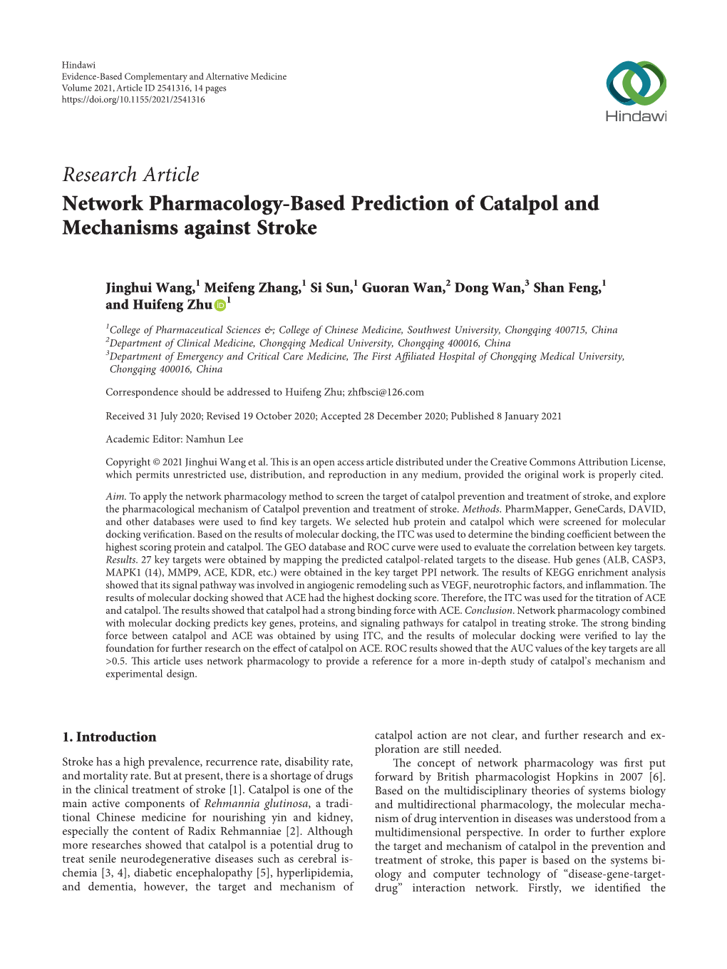 Network Pharmacology-Based Prediction of Catalpol and Mechanisms Against Stroke