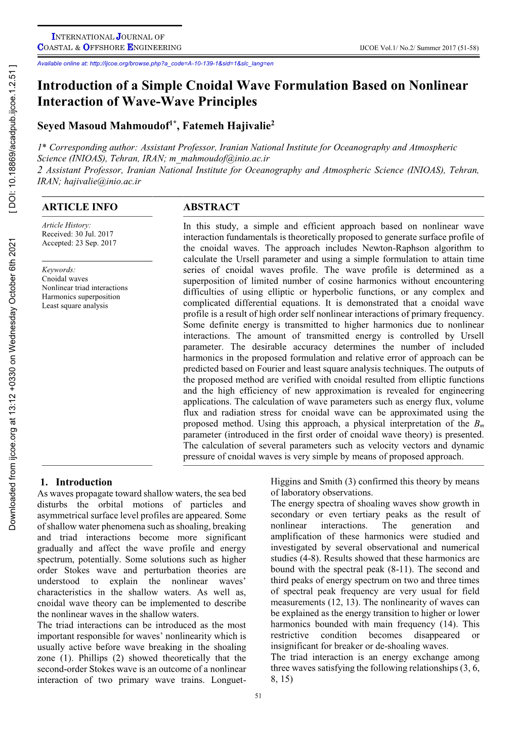 Introduction of a Simple Cnoidal Wave Formulation Based on Nonlinear Interaction of Wave-Wave Principles