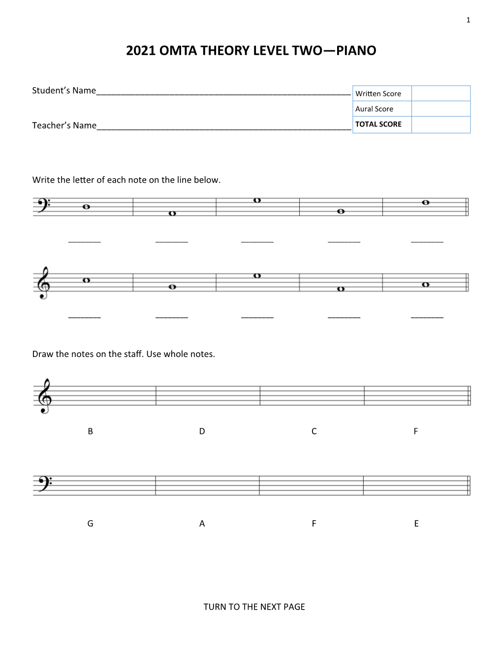 2021 Omta Theory Level Two—Piano