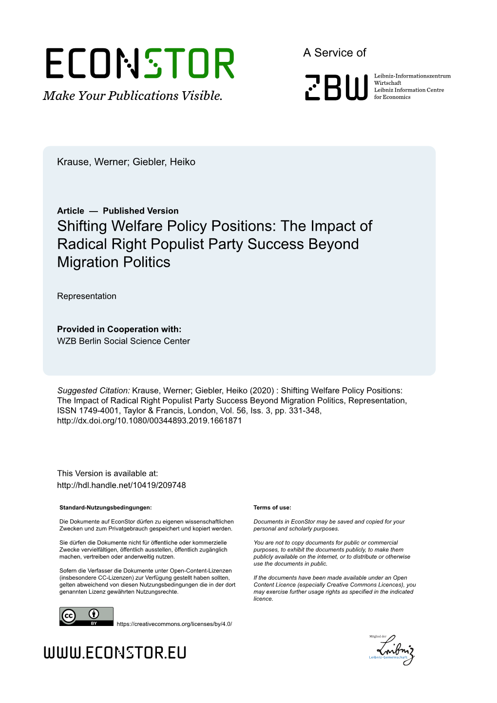 Shifting Welfare Policy Positions: the Impact of Radical Right Populist Party Success Beyond Migration Politics