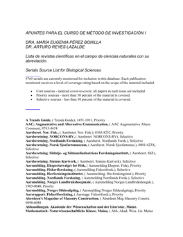 Serials Source List for Biological Sciences