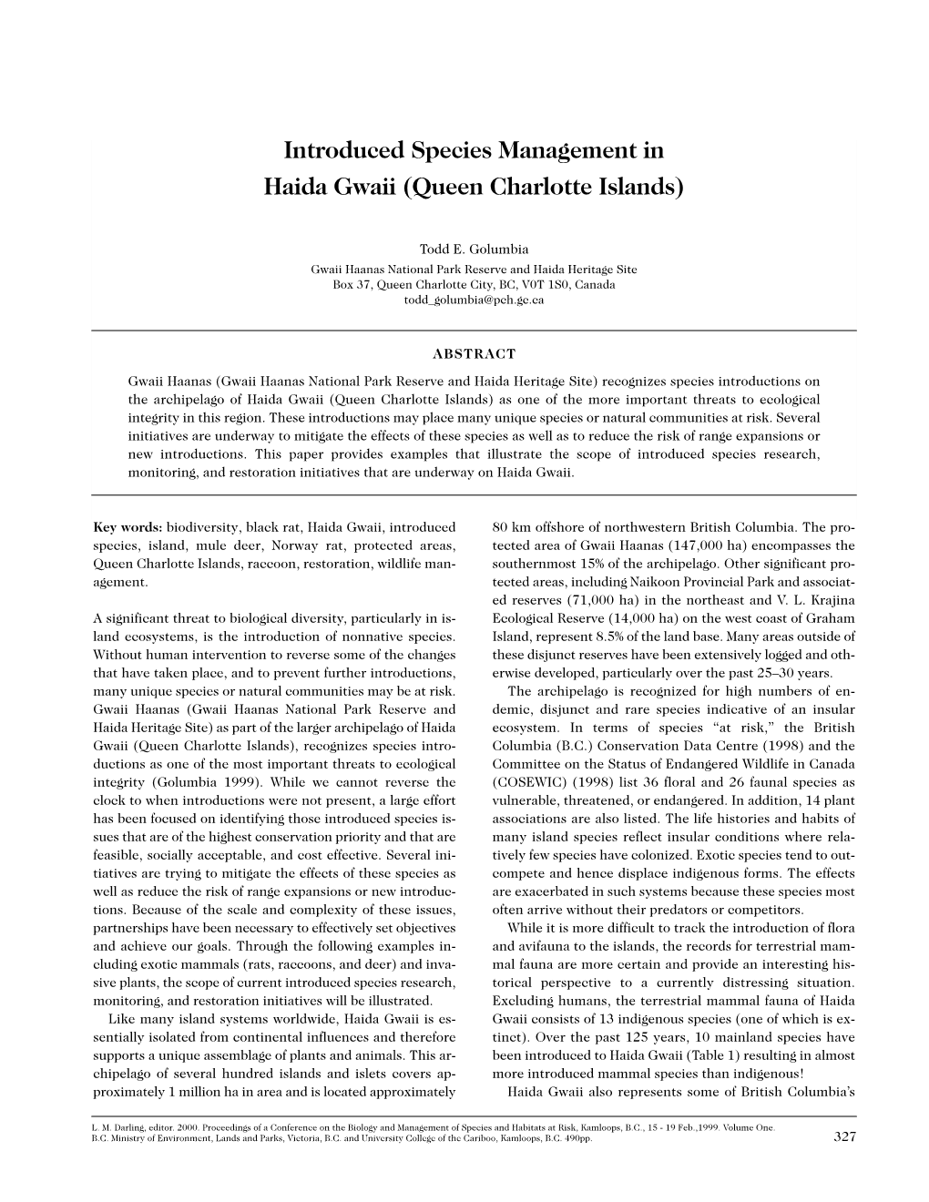 Introduced Species Management in Haida Gwaii (Queen Charlotte Islands)