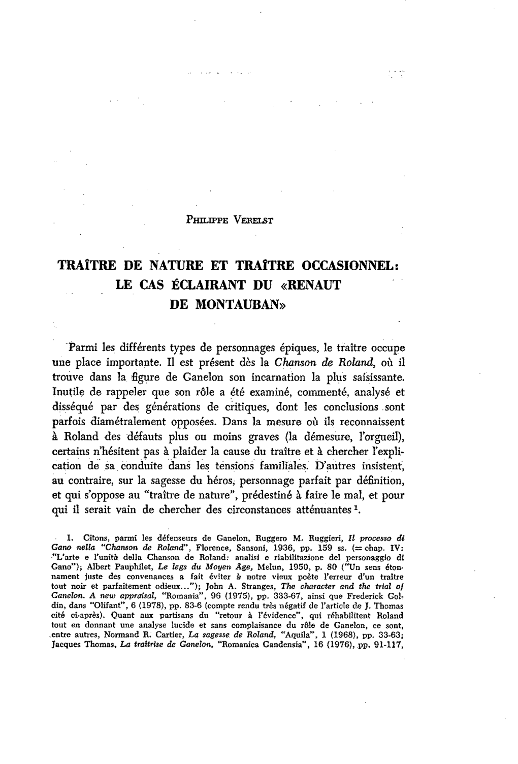 Traftre DE NATURE ET Traptrfi OCCASIONNEL: LE CAS EUAIRANT DU «RENAUT DE MONTAUBAN»