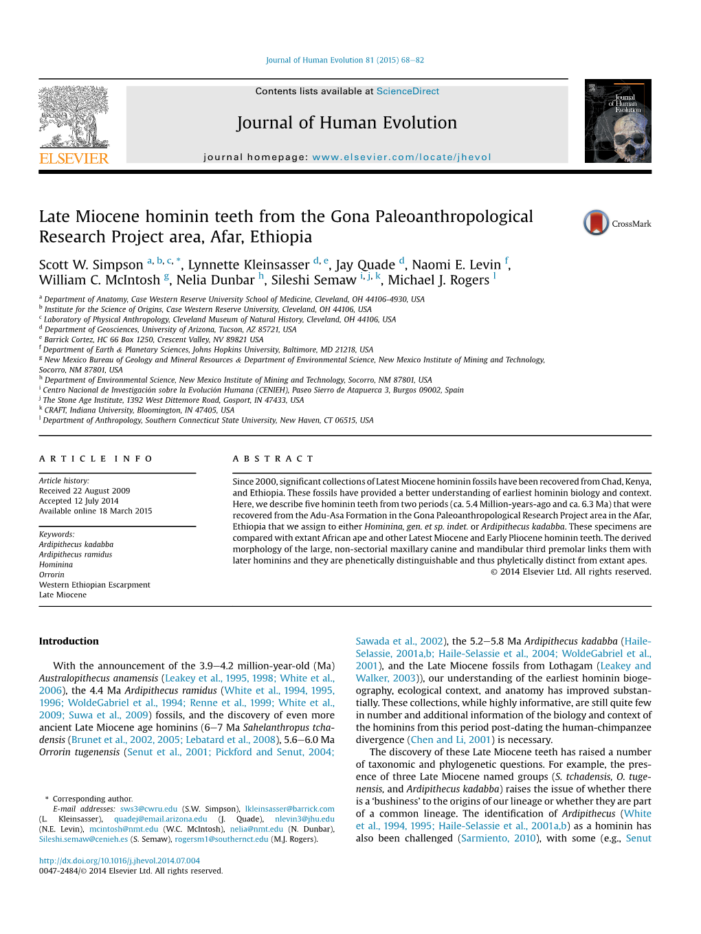 Simpson Et Al 2015 Late Miocene Hominin Teeth from the Gona