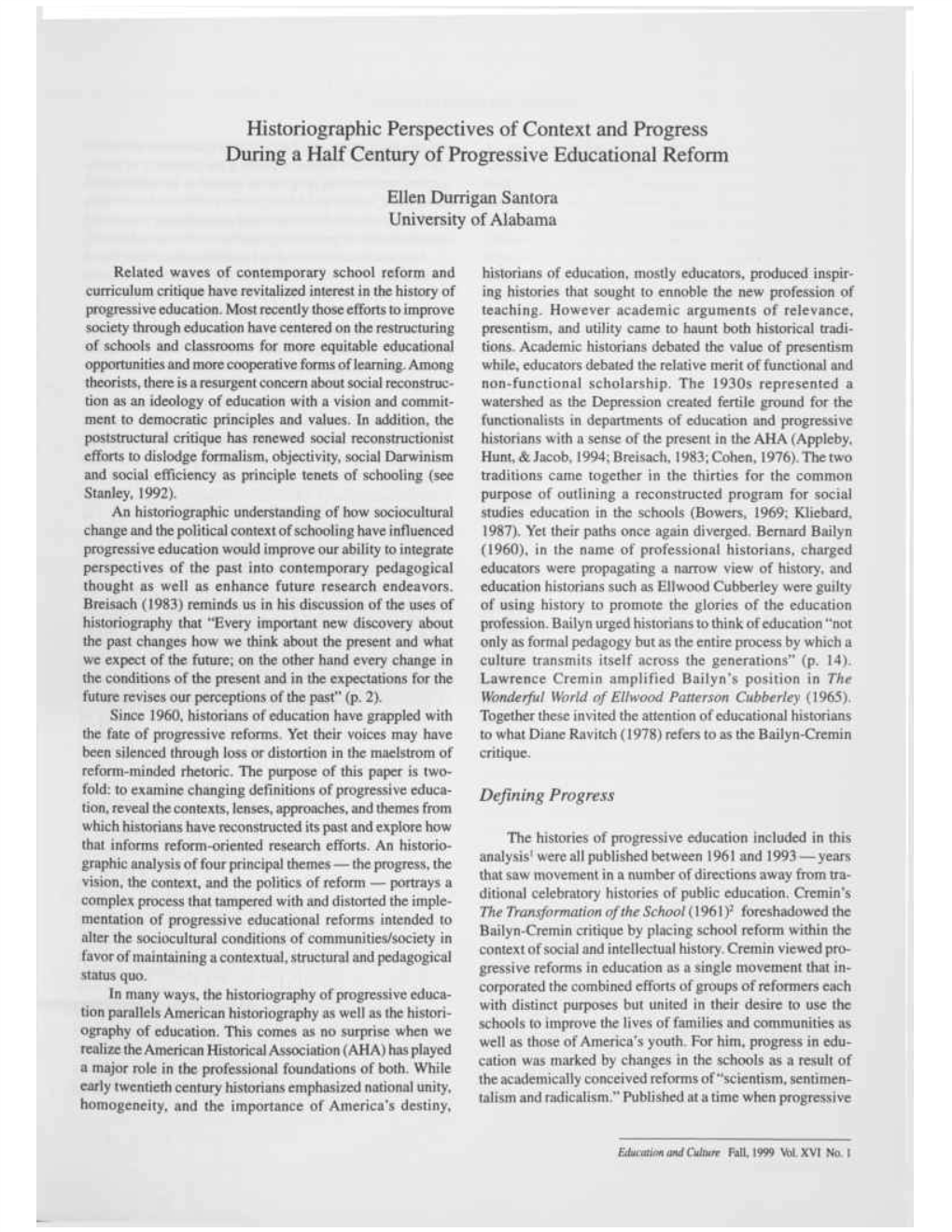 Historiographic Perspectives of Context and Progress During a Half Century of Progressive Educational Reform