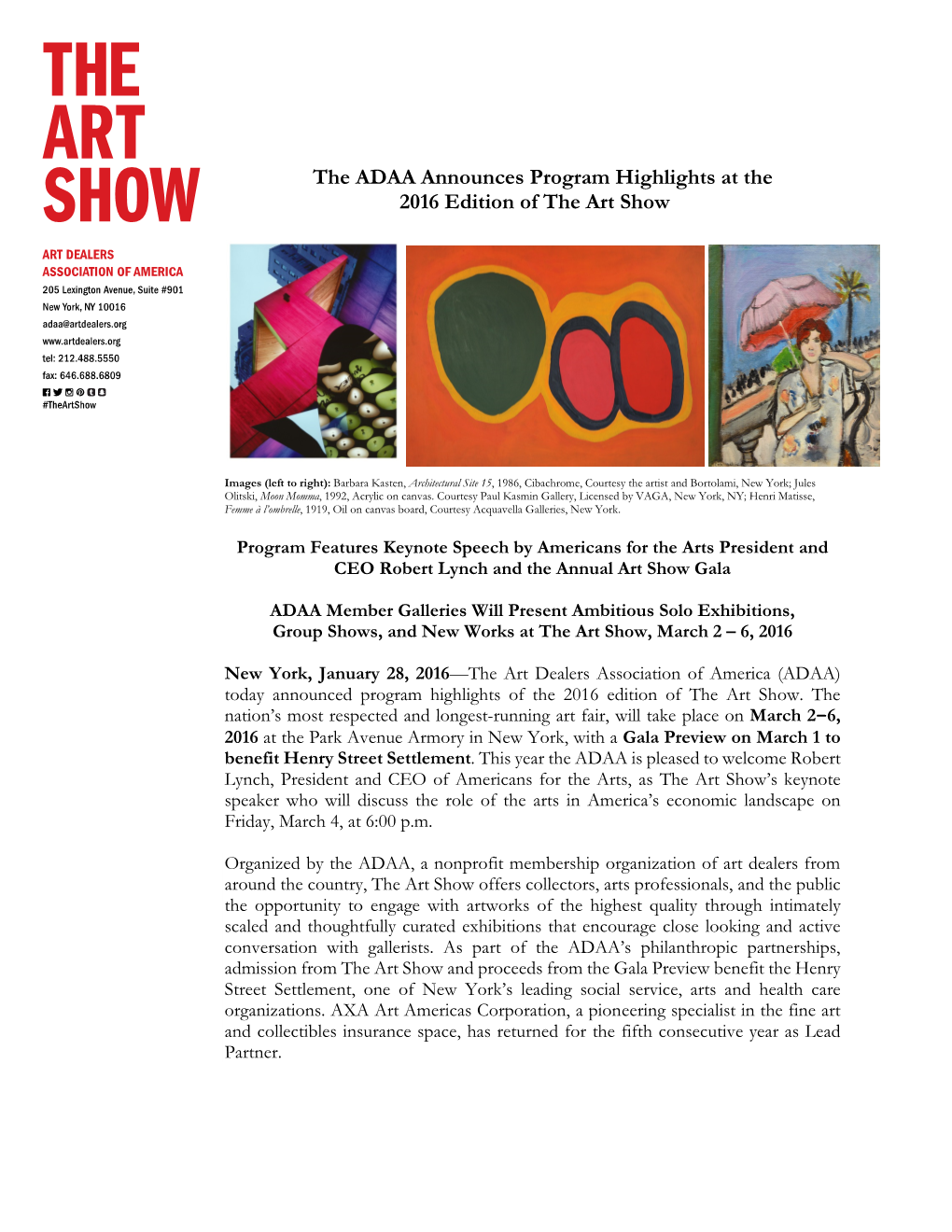 The ADAA Announces Program Highlights at the 2016 Edition of the Art Show