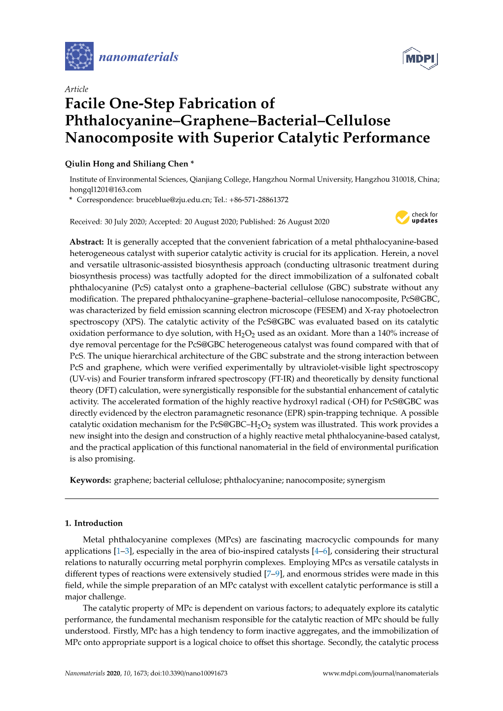 Facile One-Step Fabrication of Phthalocyanine–Graphene–Bacterial–Cellulose Nanocomposite with Superior Catalytic Performance