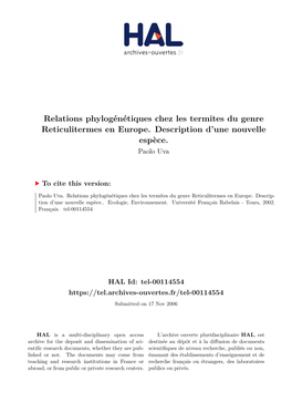 Relations Phylogénétiques Chez Les Termites Du Genre Reticulitermes En Europe
