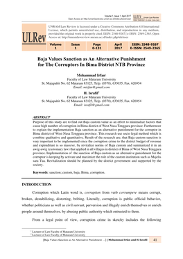 Baja Values Sanction As an Alternative Punishment for the Corruptors in Bima District NTB Province