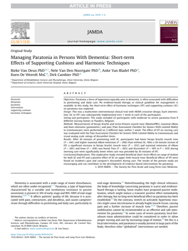 Managing Paratonia in Persons with Dementia: Short-Term Effects of Supporting Cushions and Harmonic Techniques