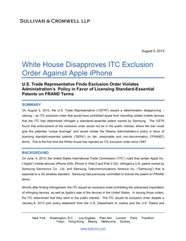White House Disapproves ITC Exclusion Order Against Apple Iphone