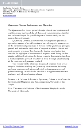 Quaternary Climates, Environments and Magnetism the Quaternary Has Been a Period of Major Climatic and Environmental Oscillation