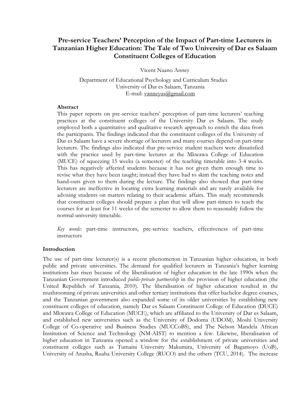 Pre-Service Teachers' Perception of the Impact of Part-Time Lecturers In