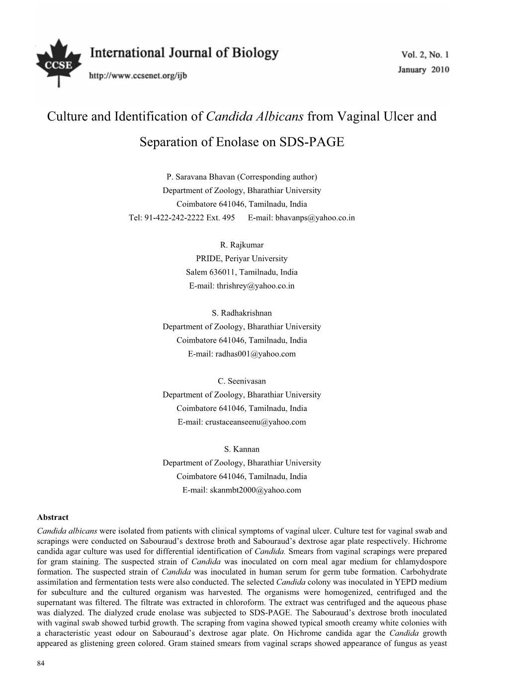 Candida Albicans from Vaginal Ulcer and Separation of Enolase on SDS-PAGE