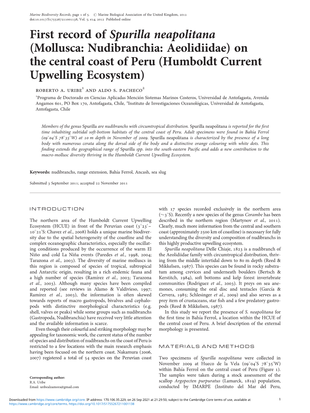 Mollusca: Nudibranchia: Aeolidiidae) on the Central Coast of Peru (Humboldt Current Upwelling Ecosystem) Roberto A