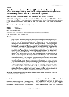 Cryptolaemus Montrouzieri (Mulsant) (Coccinellidae: Scymninae): a Review of Biology, Ecology, and Use in Biological Control With