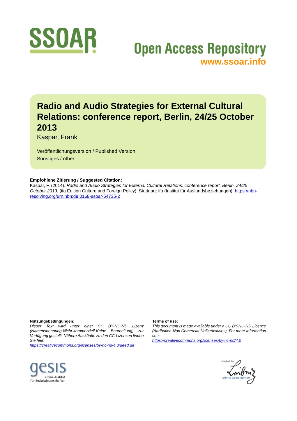 Radio and Audio Strategies for External Cultural Relations: Conference Report, Berlin, 24/25 October 2013 Kaspar, Frank