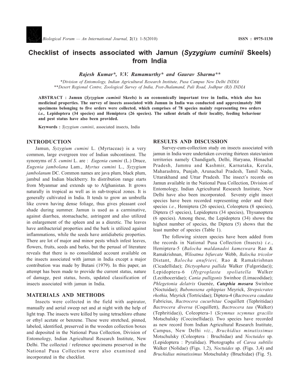 Checklist of Insects Associated with Jamun (Syzygium Cuminii Skeels) from India