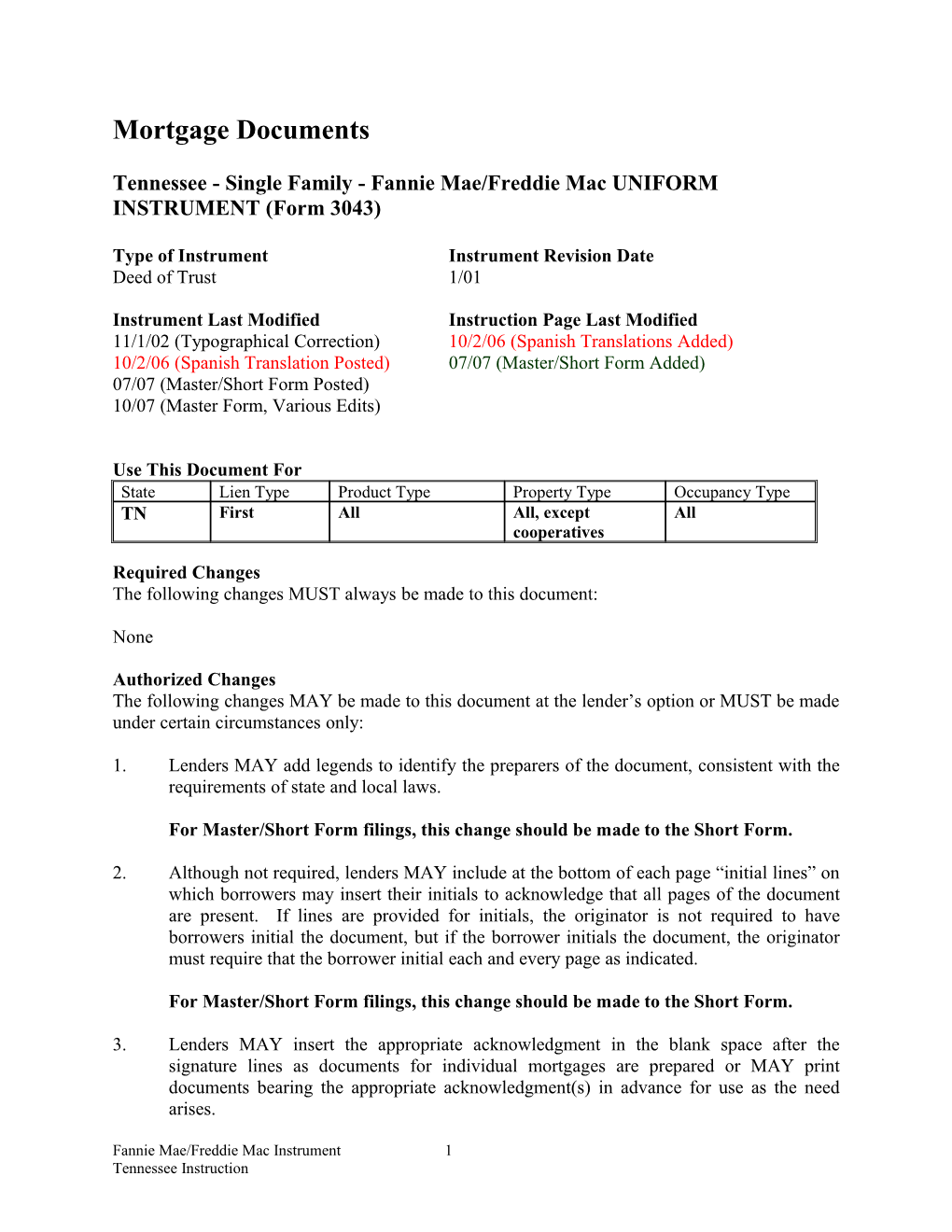 Instructions: Tennessee Security Instrument (Form 3043)