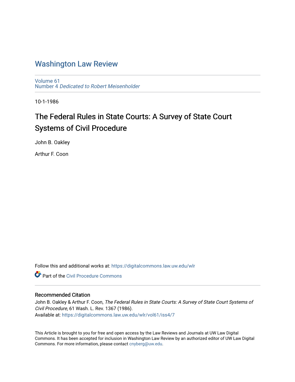 The Federal Rules in State Courts: a Survey of State Court Systems of Civil Procedure