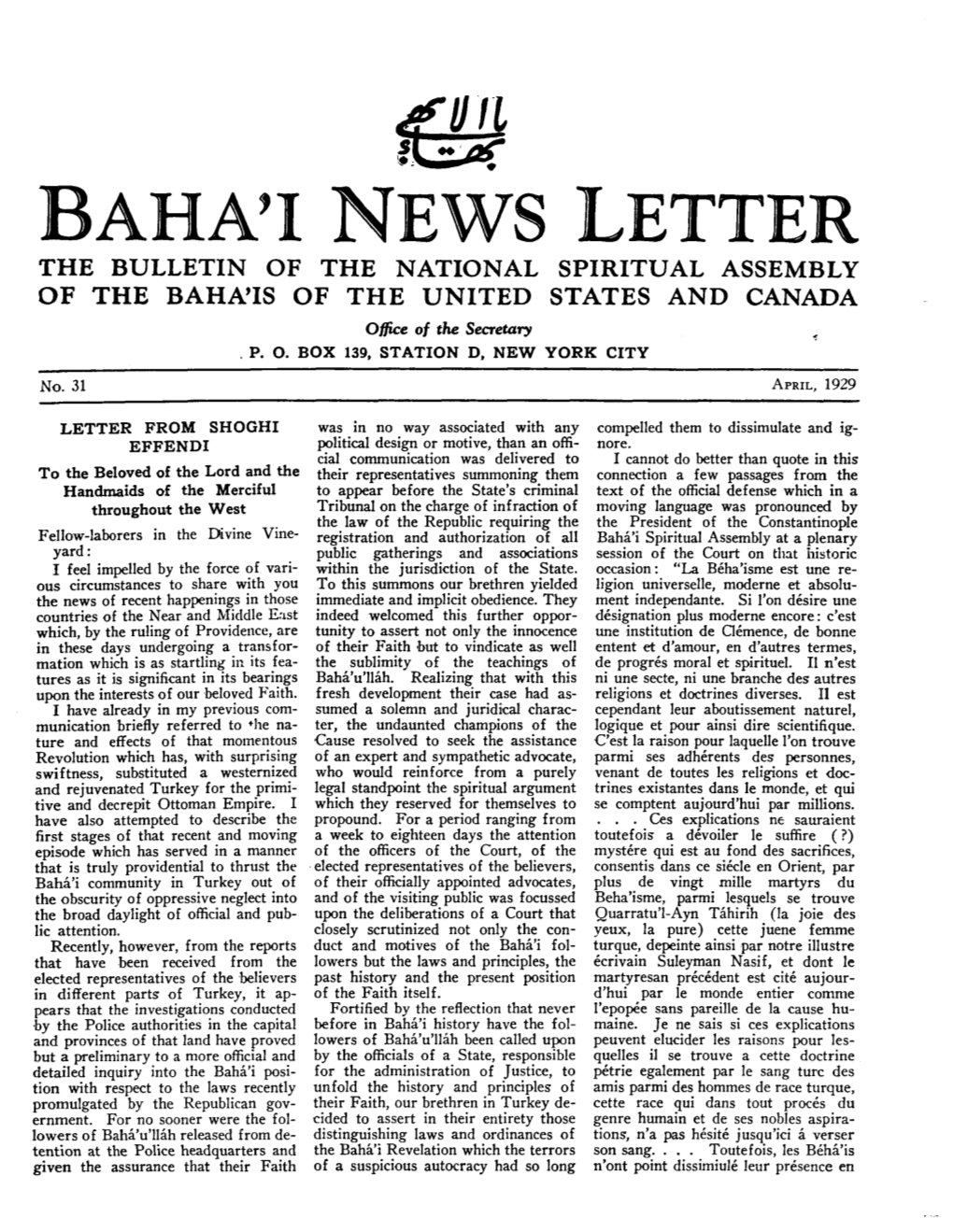 L:.!'Dt BAHA'i NEWS LETTER the BULLETIN of the NATIONAL SPIRITUAL ASSEMBLY of the BAHA'is of the UNITED STATES and CANADA Office of the Secretary ,P