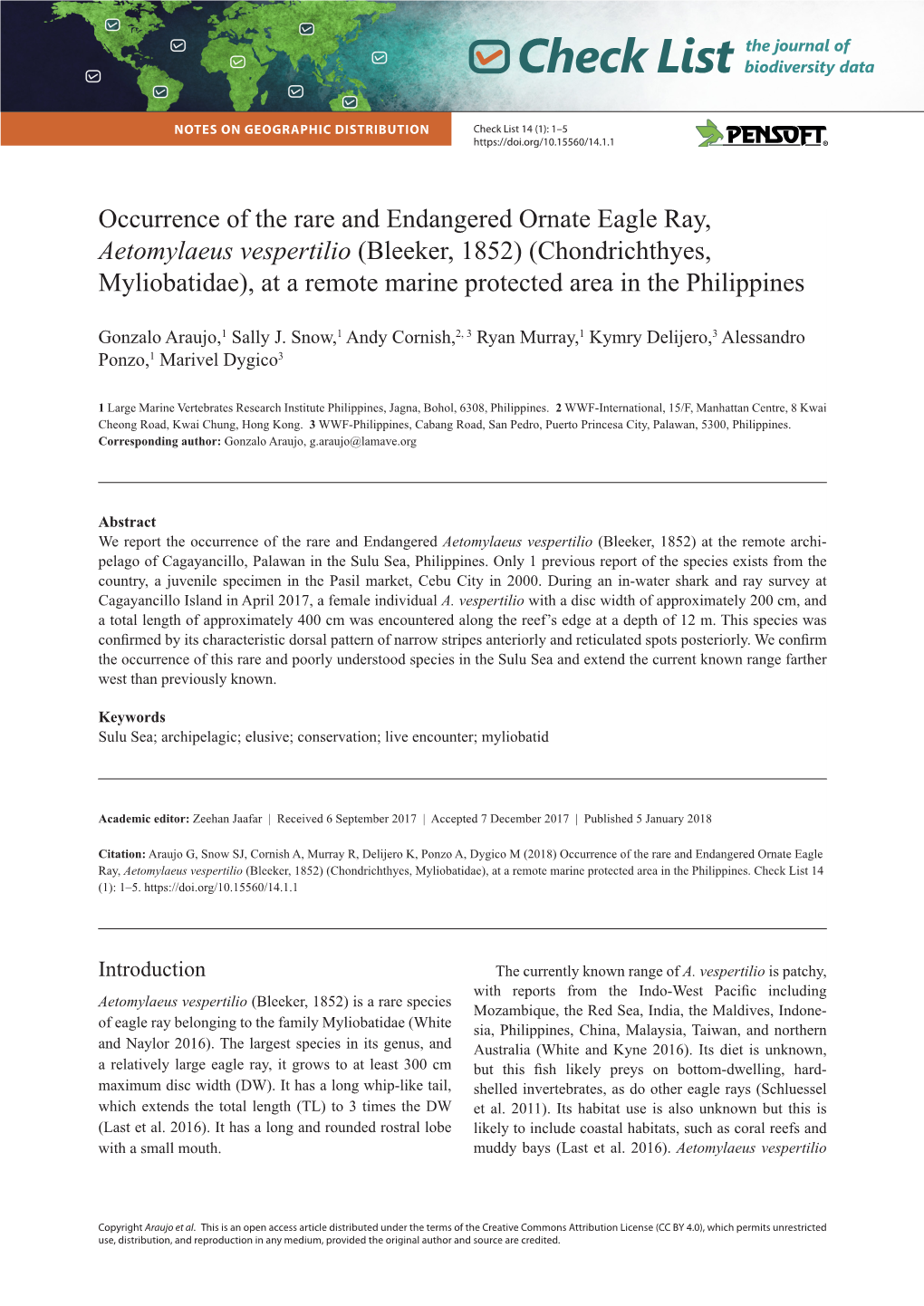 Occurrence of the Rare and Endangered Ornate Eagle Ray