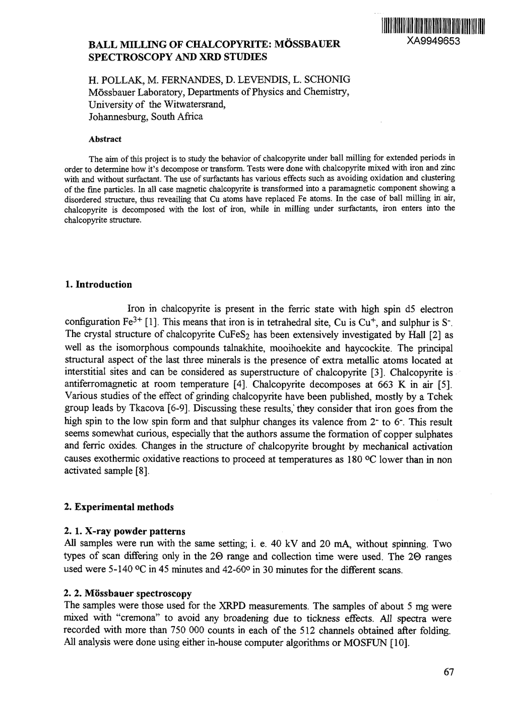 Ball Milling of Chalcopyrite: Mossbauer Xa9949653 Spectroscopy and Xrd Studies