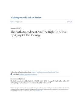 The Sixth Amendment and the Right to a Trial by a Jury of the Vicinage, 31 Wash