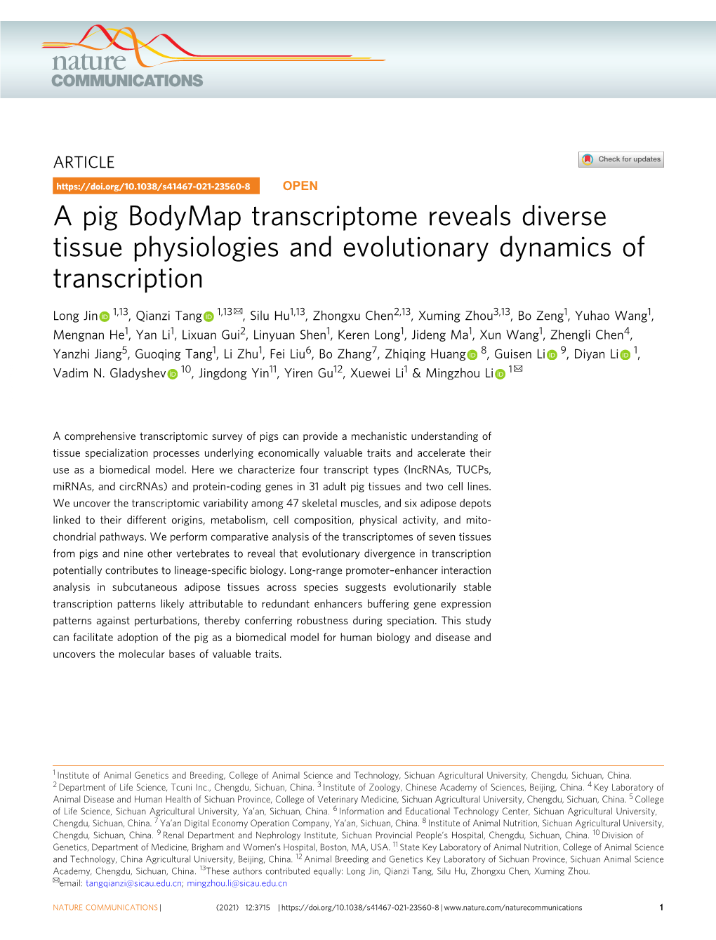 A Pig Bodymap Transcriptome Reveals Diverse Tissue Physiologies And