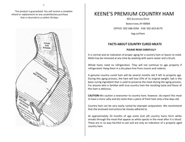 KEENE's PREMIUM COUNTRY HAM That Is Returned to Us Within 30 Days