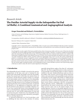 The Patellar Arterial Supply Via the Infrapatellar Fat Pad (Of Hoffa): a Combined Anatomical and Angiographical Analysis