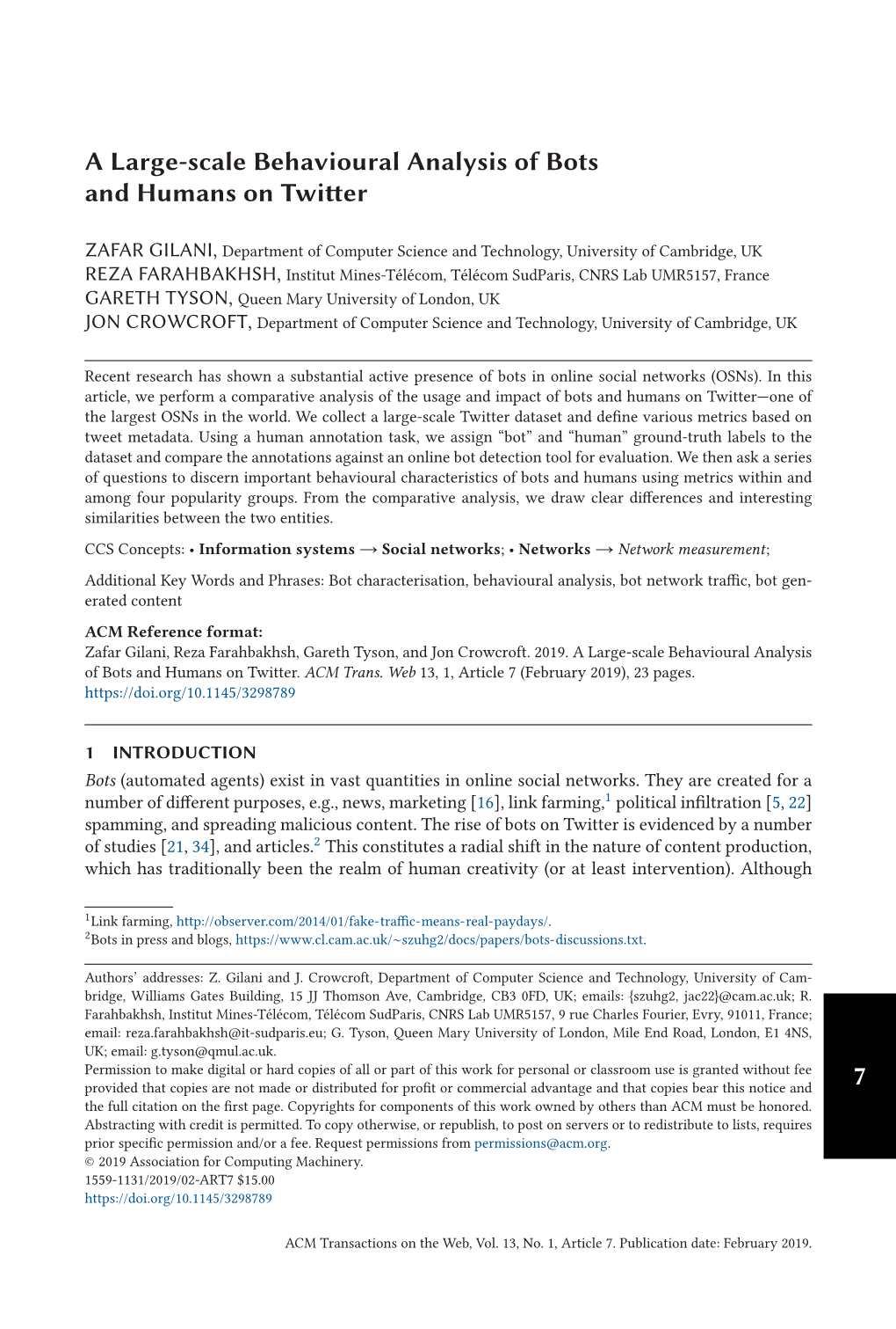 7 a Large-Scale Behavioural Analysis of Bots and Humans on Twitter