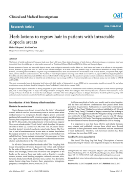 Herb Lotions to Regrow Hair in Patients with Intractable Alopecia Areata Hideo Nakayama*, Ko-Ron Chen Meguro Chen Dermatology Clinic, Tokyo, Japan