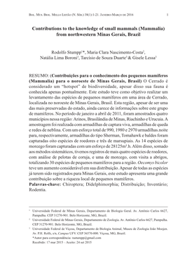 Contributions to the Knowledge of Small Mammals (Mammalia) from Northwestern Minas Gerais, Brazil