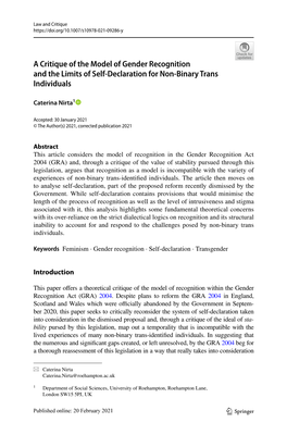 A Critique of the Model of Gender Recognition and the Limits of Self‑Declaration for Non‑Binary Trans Individuals
