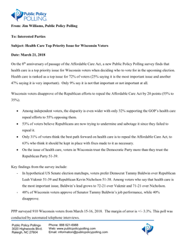 From: Jim Williams, Public Policy Polling To: Interested Parties Subject: Health Care Top Priority Issue for Wisconsin Voters Da