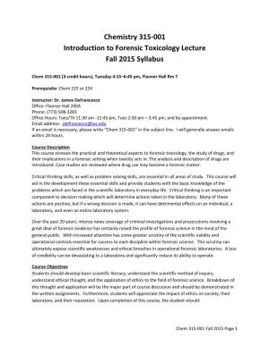 Chemistry 315-001 Introduction to Forensic Toxicology Lecture Fall 2015 Syllabus