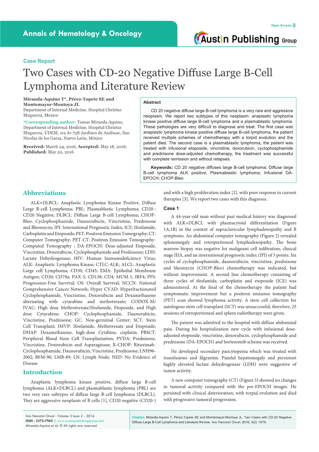 Two Cases with CD-20 Negative Diffuse Large B-Cell Lymphoma and Literature Review