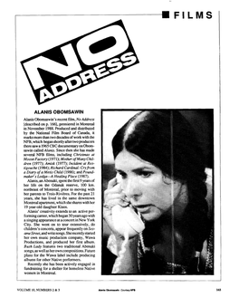 ALANIS OBOMSAWIN Alanis Obomsawin's Recent Film, No Address [Described on P