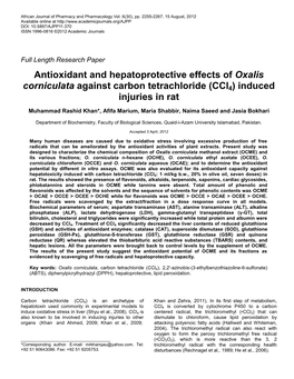 Antioxidant and Hepatoprotective Effects of Oxalis Corniculata Against Carbon Tetrachloride (Ccl4) Induced Injuries in Rat