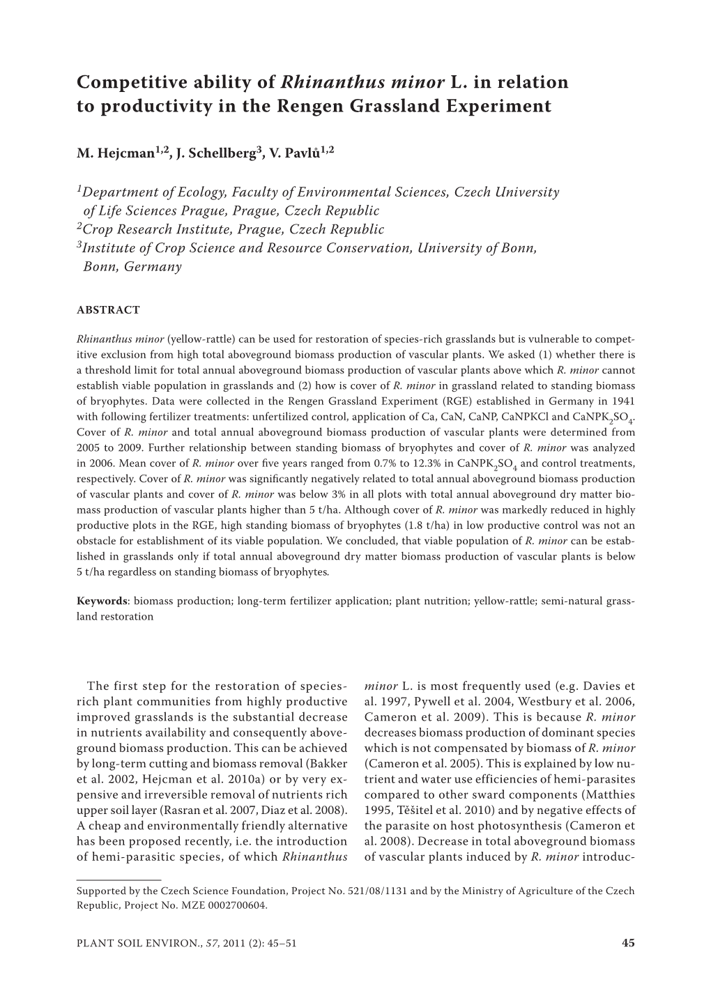 Competitive Ability of Rhinanthus Minor L. in Relation to Productivity in the Rengen Grassland Experiment