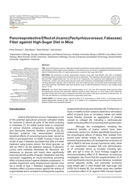 Pancreoprotective Effect of Jicama (Pachyrhizus Erosus, Fabaceae) Fiber Against High-Sugar Diet in Mice