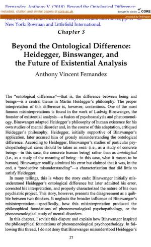 Beyond the Ontological Difference: Heidegger, Binswanger, and the Future of Existential Analysis