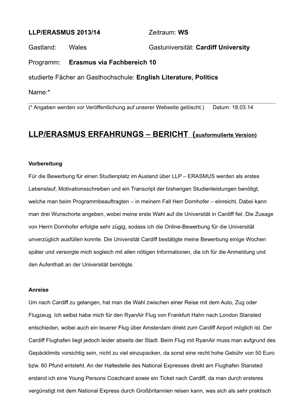 LLP/ERASMUS ERFAHRUNGS – BERICHT ( Ausformulierte Version)