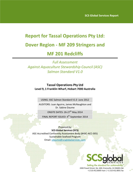 Dover Region - MF 209 Stringers and MF 201 Redcliffs Full Assessment Against Aquaculture Stewardship Council (ASC) Salmon Standard V1.0