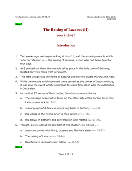 THE RAISING of LAZARUS (John 11:28-57) Wednesday Evening Bible Study 8/18/2021